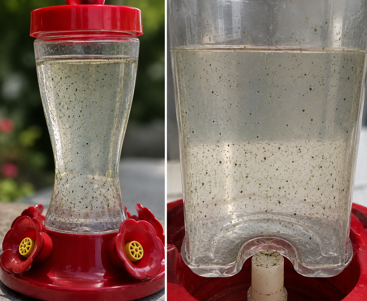Close-up of a red hummingbird feeder filled with cloudy nectar full of dark mold and debris specks, a clear sign the nectar has spoiled and needs changing.