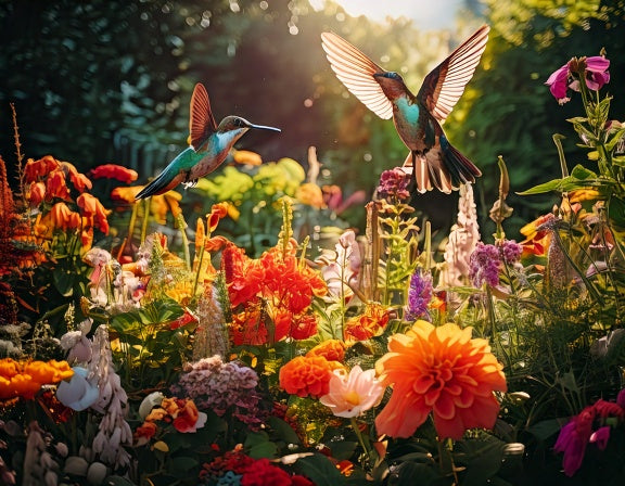 Two hummingbirds hovering over a garden bed of mixed flowering plants