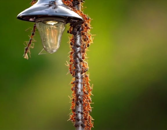 Ants climbing a pole near a garden light fixture