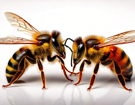 Two stinging insects facing each other close up