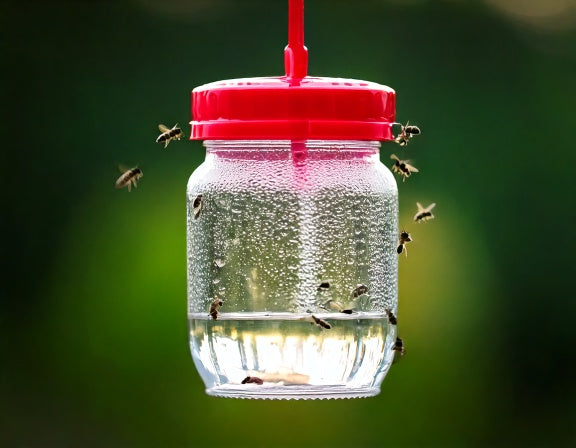 A glass jar hummingbird feeder with a red perforated lid hanging outdoors, with insects gathered on and around the jar