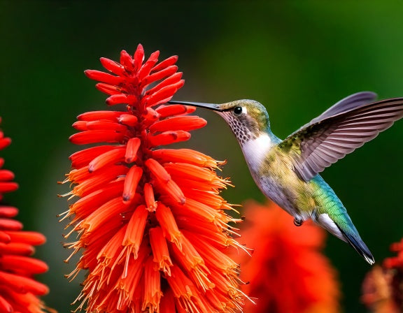 A hummingbird feeding at a red tubular flower