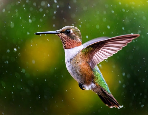 A hummingbird with a reddish throat hovering as raindrops fall around it