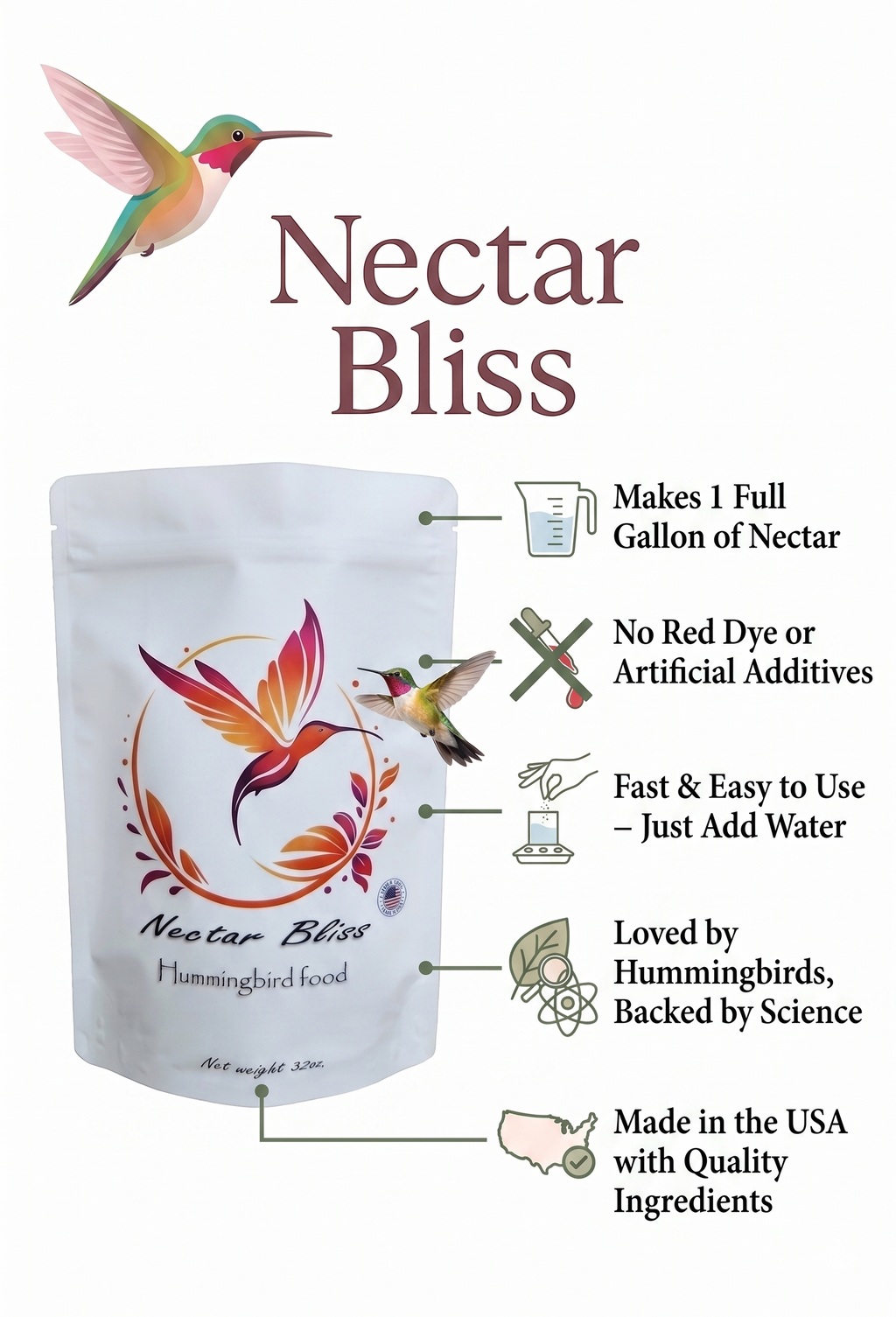 Nectar Bliss Hummingbird Nectar Powder – Iron-Free & Dye-Free, All Natural No-Boil Instant Mix, 32 oz Pouch (Makes 128 oz)