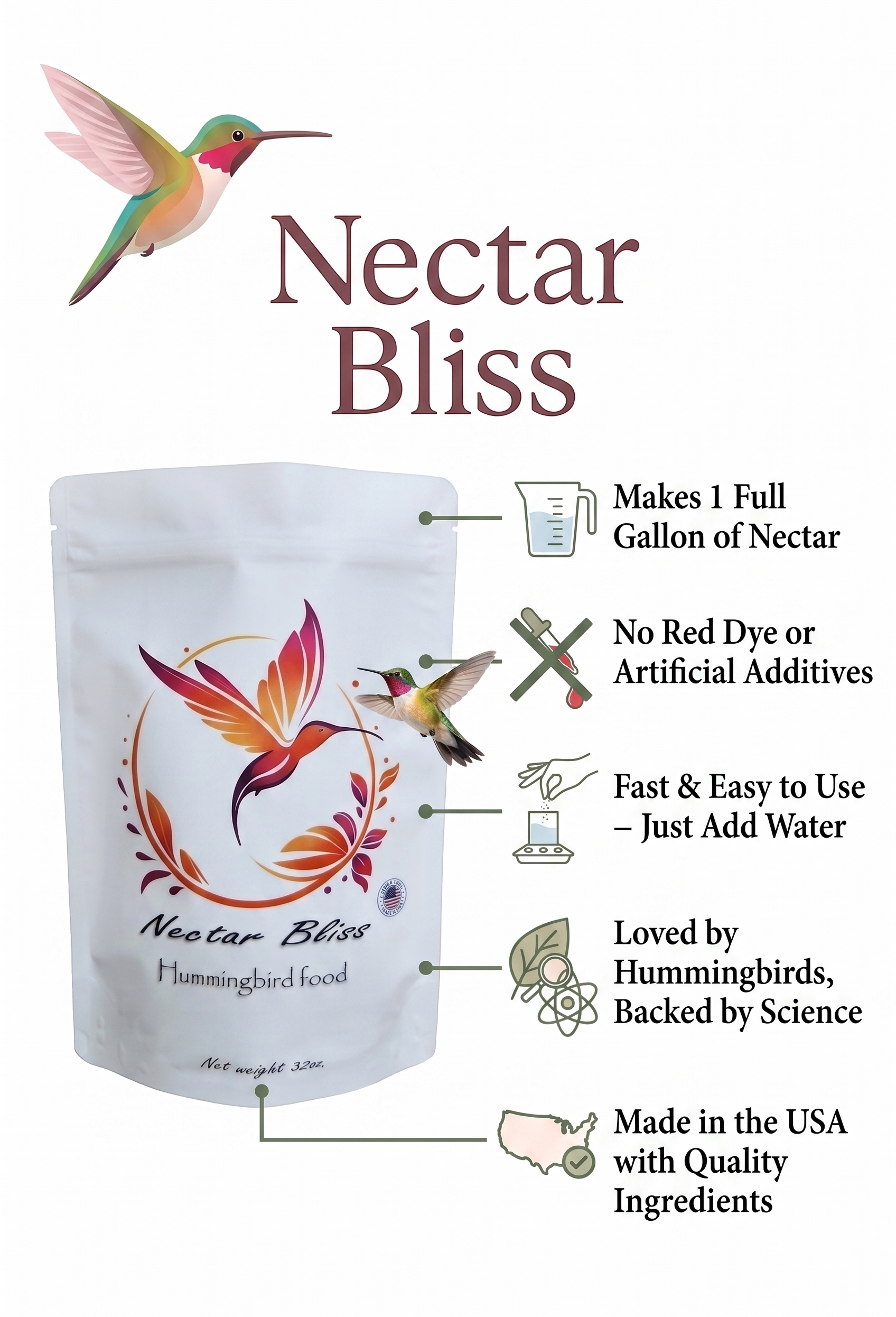 Nectar Bliss Hummingbird Nectar Powder – Iron-Free & Dye-Free, All Natural No-Boil Instant Mix, 32 oz Pouch (Makes 128 oz)