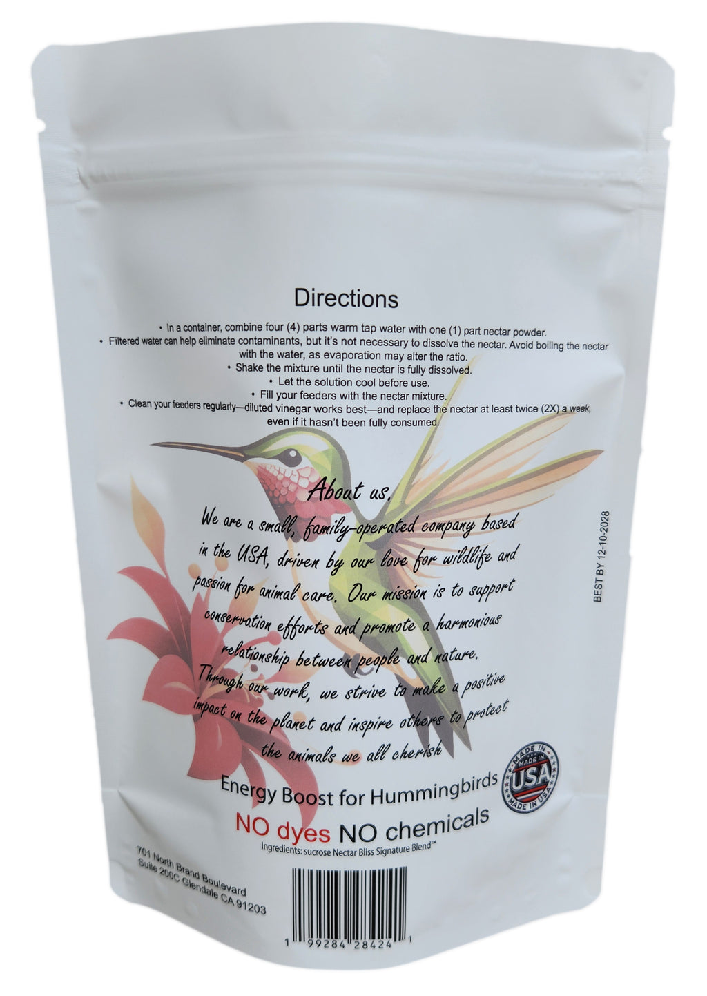 Nectar Bliss Hummingbird Nectar Powder – Iron-Free & Dye-Free, All Natural No-Boil Instant Mix, 32 oz Pouch (Makes 128 oz)