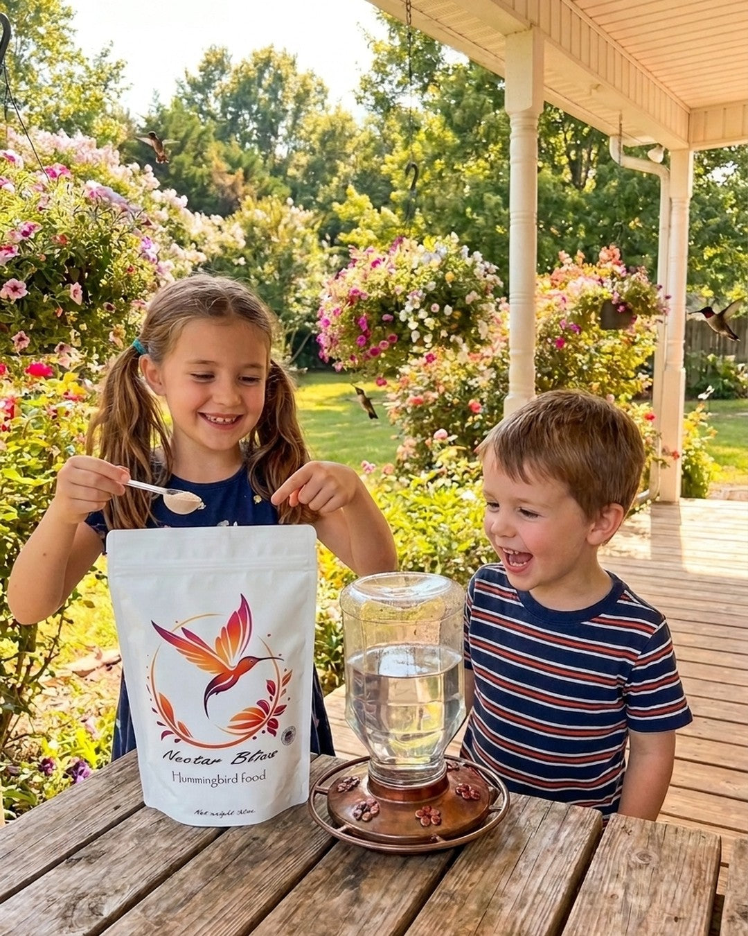 Kids enjoying watching hummingbirds visit the feeder on the porch, using Nectar Bliss hummingbird nectar
